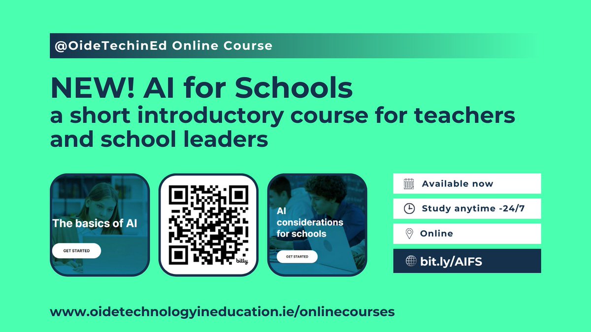 AI for Schools! 

Our one-hour course introduces key things school leaders and all teachers need to know about #AI. 

Read more: bit.ly/new_AIFS 

#ICTonlinecourses @Oide_Ireland <a href="/Oide_Leadership/">Oide Leadership</a> @Webwise_ireland <a href="/AdaptCentre/">The ADAPT Centre</a>