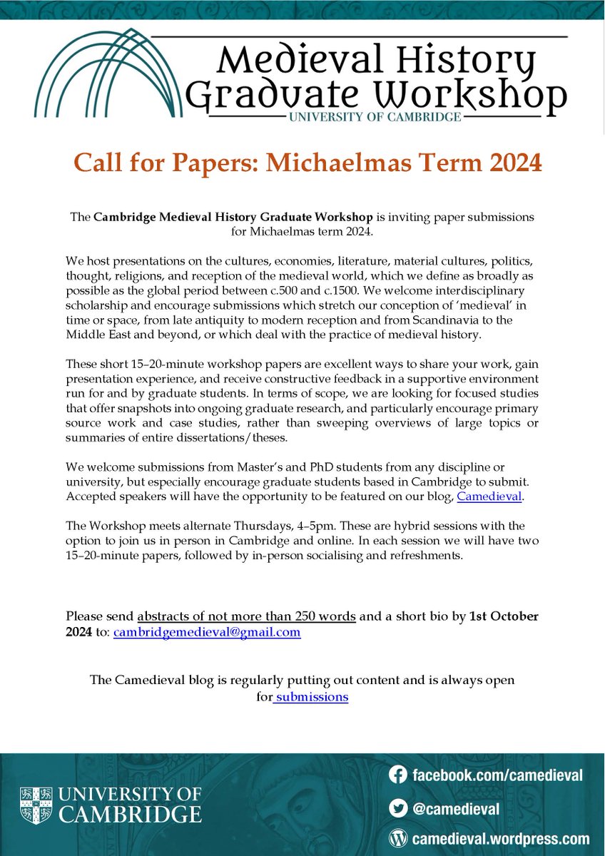 You might be interested in the CfP from our colleagues <a href="/camedieval/">Cambridge Medieval</a>, who are welcoming interdiciplinary contributions which 'stretch our conception of medieval in time or space'! Deadline 1 October, check it out.