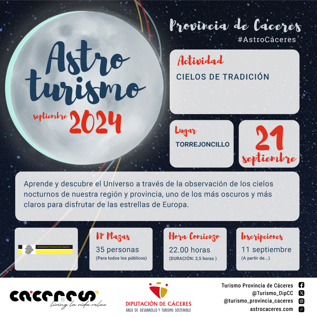 Turismo_DipCC's tweet image. Inscríbete a partir de mañana en la actividad con la que 🔭#Astrocáceres2024 llegará a #Torrejoncillo, en el corazón del #ValledelAlagón
📆 21 de septiembre
Inscripciones👉forms.gle/4cgMQoRCx3yMKy…
¡Plazas limitadas!
astrocaceres.com
#livinglavidarelax