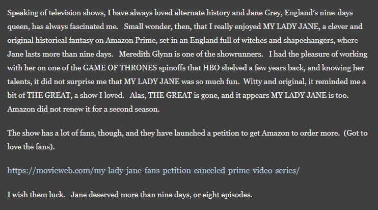bellyconradpr's tweet image. Thank you @GRRMspeaking for writing about #MyLadyJane in your not-a-blog! We&apos;re so glad you enjoyed the show! Are we surprised? No, it&apos;s tremendous fun! But we sure appreciate the shoutout! #SaveMyLadyJane #GeorgeRRMartin

georgerrmartin.com/notablog/