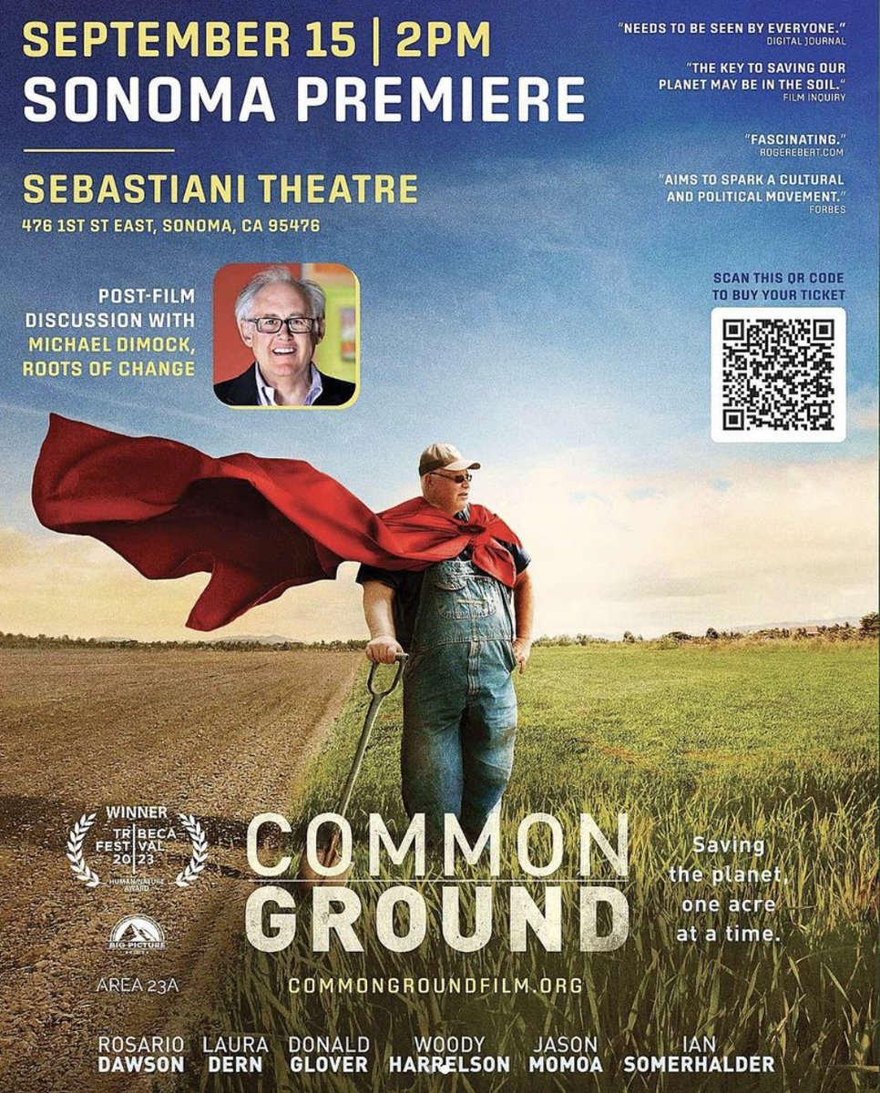 Don't miss the 9/15 SONOMA screening of "Common Ground". Discover the compelling journey toward healing our health, food systems, and the climate. TICKETS: bit.ly/3z98lMz 
#commongroundfilm