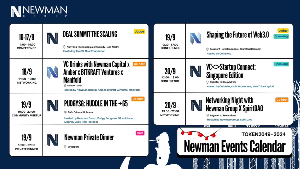Newmangrp's tweet photo. 1/ The Newman teams are gearing up for an action-packed @TOKEN2049 week! We’re excited to be co-hosting, hosting, and speaking at several key events. 🎉 Stay tuned for updates on all the exciting moments we have planned!

👇 https://t.co/7IexGtiKro