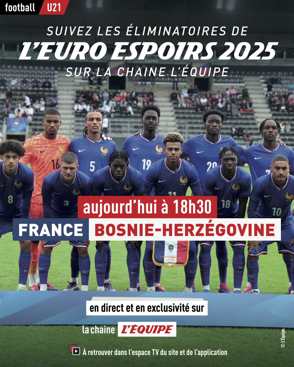 ⚽️ Football U21
🇫🇷 France - Bosnie-Herzégovine 🇧🇦
⏰ 18h30
📺 <a href="/lachainelequipe/">la chaine L'Équipe</a>