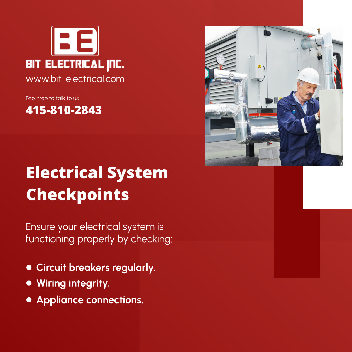 BITElectrical's tweet image. Regularly check your electrical system to maintain efficiency and safety. Simple checkpoints can prevent major issues and keep your home running smoothly! 

#DalyCityCalifornia #ElectricalServices #SystemCheck
