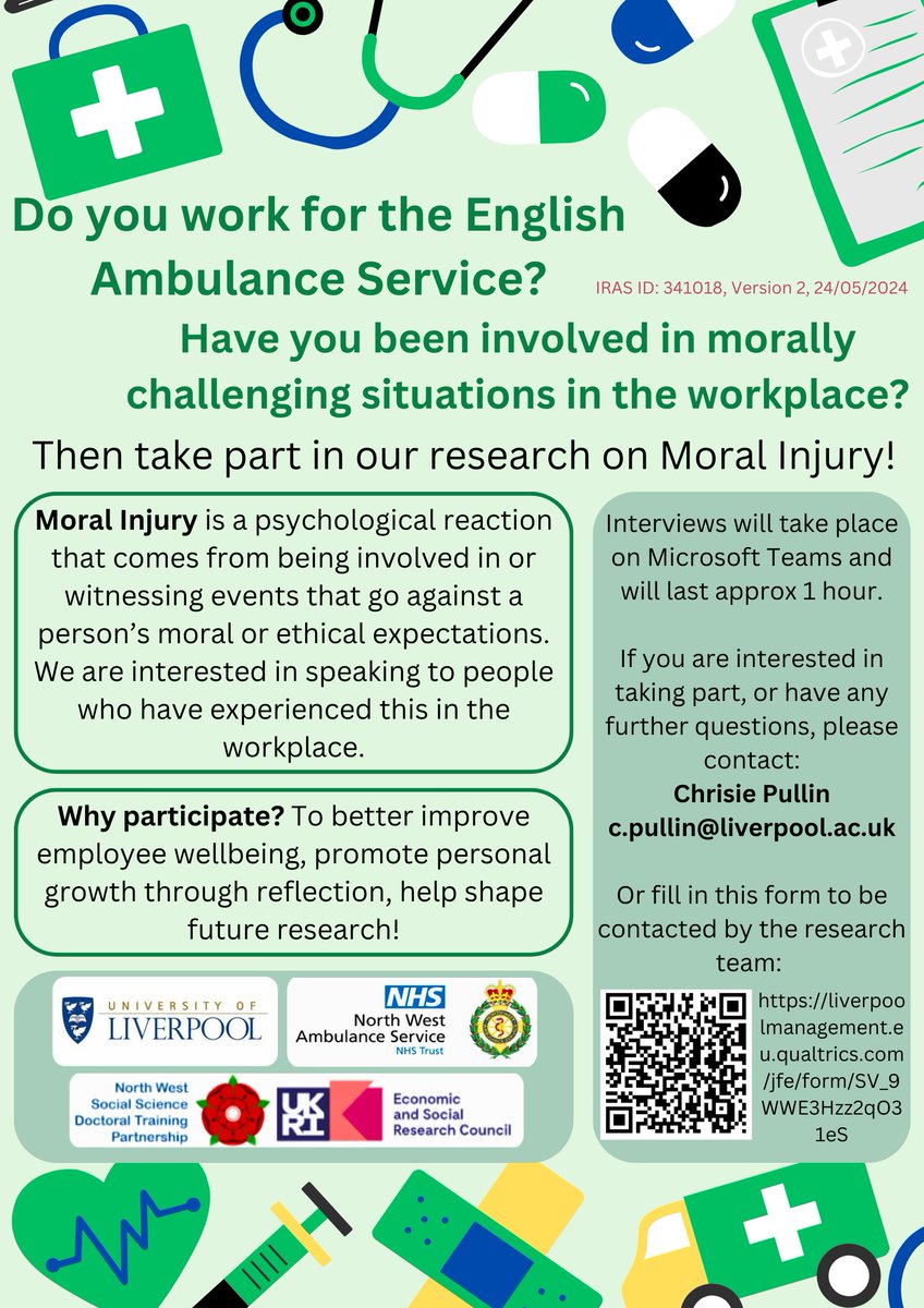 Chrisie Pullin (@chrisie_pullin) on Twitter photo I am recruiting participants for an interview study researching Moral Injury in the Ambulance Service. If you work for an Ambulance service in the UK and wish to take part, then you can contact me at c.pullin@liverpool.ac.uk or fill in this form liverpoolmanagement.eu.qualtrics.com/jfe/form/SV_9W… I am recruiting participants for an interview study researching Moral Injury in the Ambulance Service. If you work for an Ambulance service in the UK and wish to take part, then you can contact me at c.pullin@liverpool.ac.uk or fill in this form liverpoolmanagement.eu.qualtrics.com/jfe/form/SV_9W…