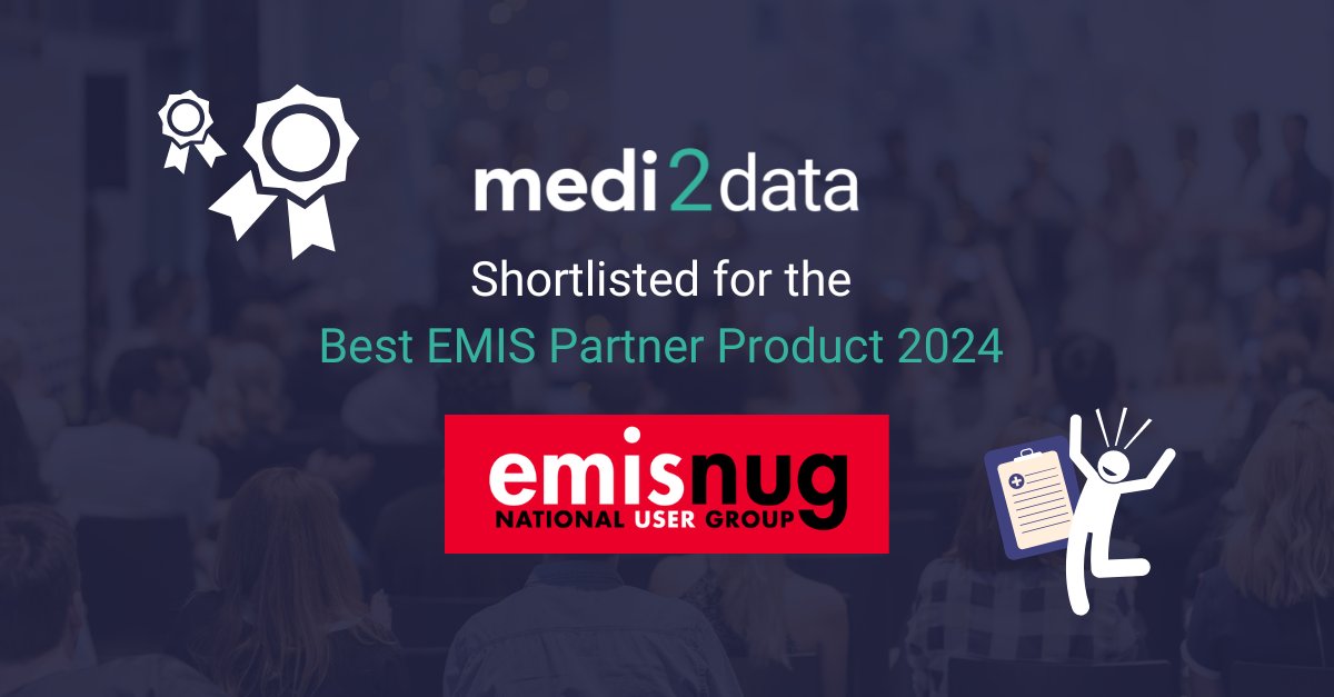 We're thrilled to announce that Medi2data has been shortlisted for Best EMIS Partner Product 2024 at the EMIS NUG Annual Conference &amp; Awards! Honoured to be recognised and eagerly await Friday’s results. Thanks to the EMIS NUG team! #EMISNUG2024 #award #primarycare #shortlist