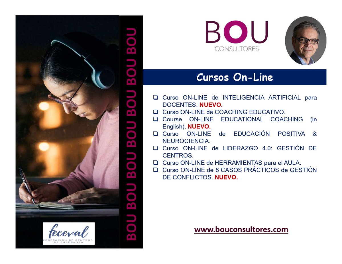 BOUConsultores's tweet photo. 📷 Os comporto el #Portfolio #Servicios de @bouconsultores  #sectoreducativo, con #Cursos, #presenciales y #online y un #Listado de #Conferencias.
📷 #Info: bou@bouconsultores.com 
#IA #liderazgoeducativo, #conflictosenelaula, #bienestar #educaciónpositiva #inteligenciaemocional https://t.co/JJ2ahyPUsZ