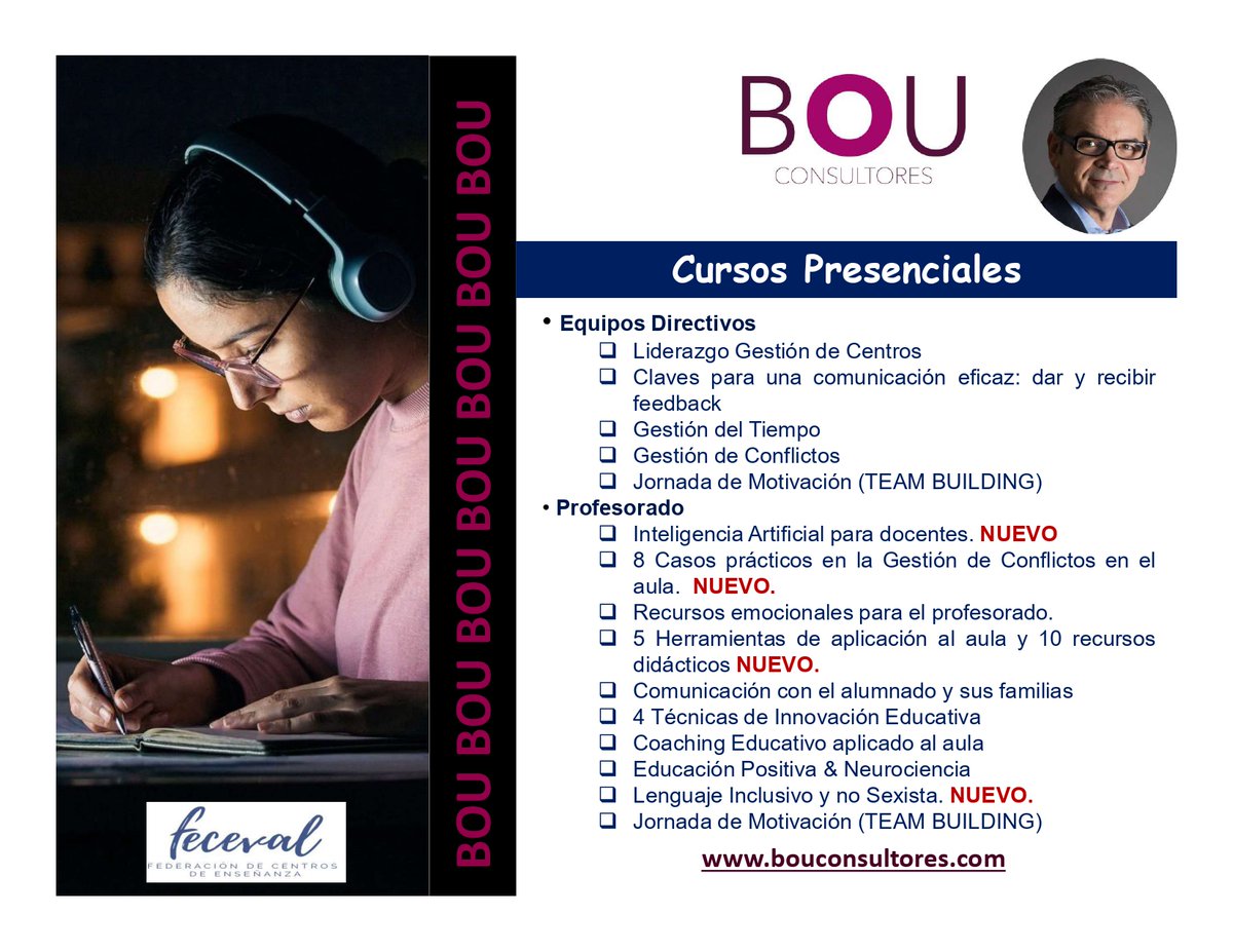 BOUConsultores's tweet photo. 📷 Os comporto el #Portfolio #Servicios de @bouconsultores  #sectoreducativo, con #Cursos, #presenciales y #online y un #Listado de #Conferencias.
📷 #Info: bou@bouconsultores.com 
#IA #liderazgoeducativo, #conflictosenelaula, #bienestar #educaciónpositiva #inteligenciaemocional https://t.co/JJ2ahyPUsZ