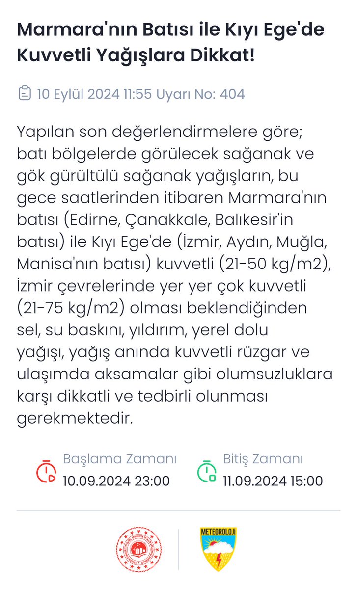 meteoroloji_twi's tweet photo. 🔊Meteorolojik Uyarı 
Marmara'nın Batısı ile Kıyı Ege'de Kuvvetli Yağışlara Dikkat!
@AFADBaskanlik @edirne_valiligi @CanakkaleGovTr @TC_Balikesir @izmirvaliligi @AydinValiligi @tcmuglavaliligi @ManisaValiligi https://t.co/sNl45vCpsT