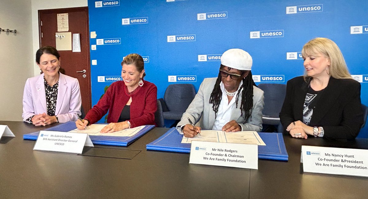 USUNESCO's tweet photo. Yesterday, a Memorandum of Understanding between @UNESCO and @WeAreFamilyFdtn was signed by co-founder and musician Nile Rodgers 🇺🇸and ADG Ramos! This partnership underscores American values and the importance of promoting cultural diversity and youth engagement. Excited to support this work! #WAFF
