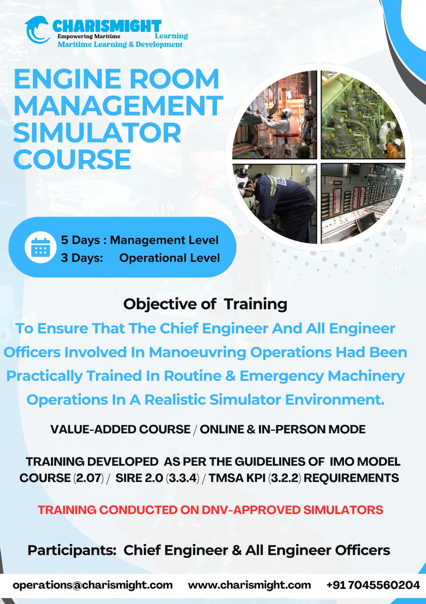 charismight's tweet image. 🚢 CHARISMIGHT launches our Engine Room Management Simulator Course! 🔧 5 days (Management) &amp;amp; 3 days (Operational) of hands-on training with DNV-approved simulators. Join online or in-person! #Charismight #MarineTraining #EngineRoomSimulator