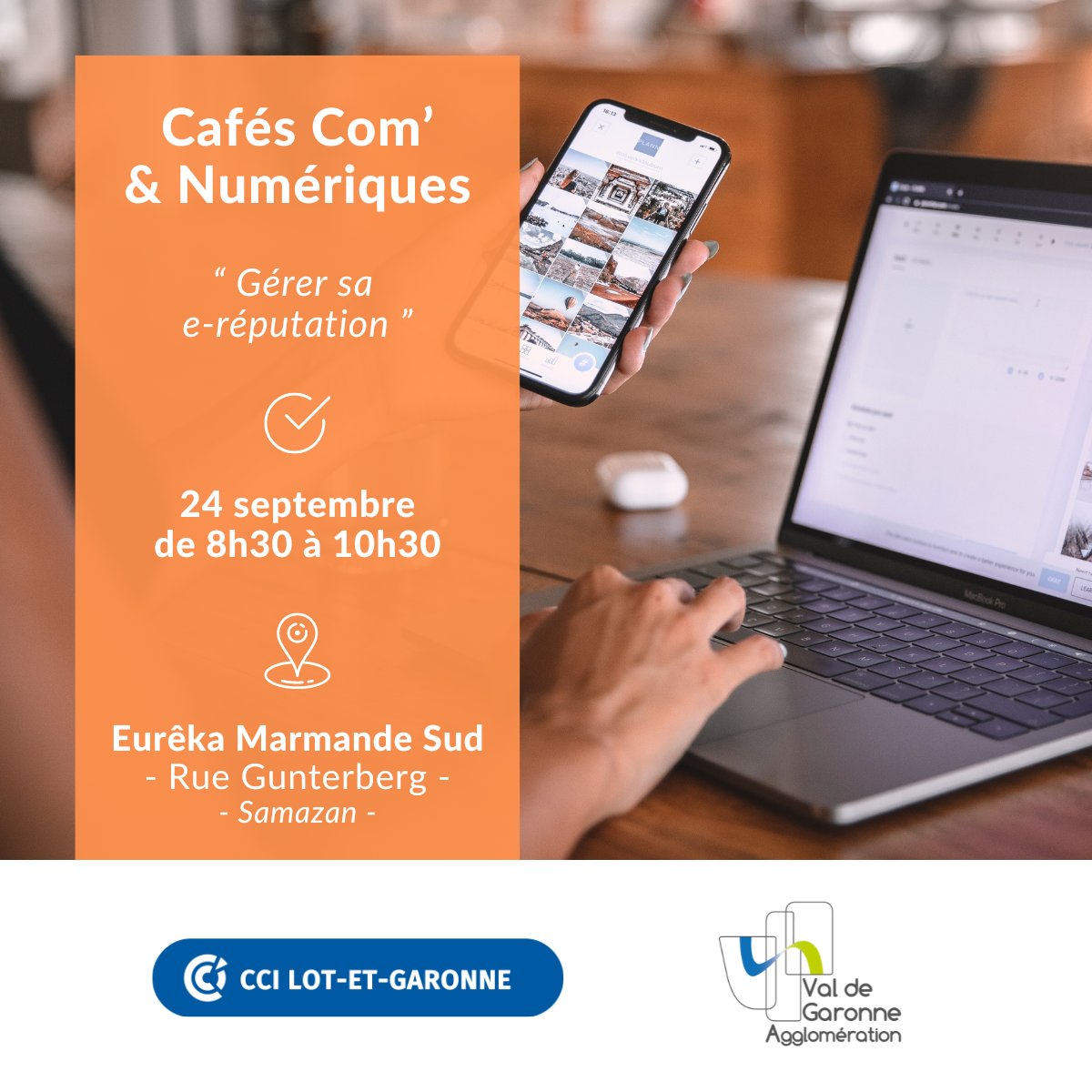 [AGENDA]
👉 La CCI Lot et Garonne et Val de Garonne Agglomération proposent aux entreprises du territoire une série de rendez-vous numériques, les "Café Com' &amp; Numériques" !

📌 Découvrez l'atelier "Gérer sa e-réputation"

👉 S'inscrire : swll.to/B3CzU

#numérique
