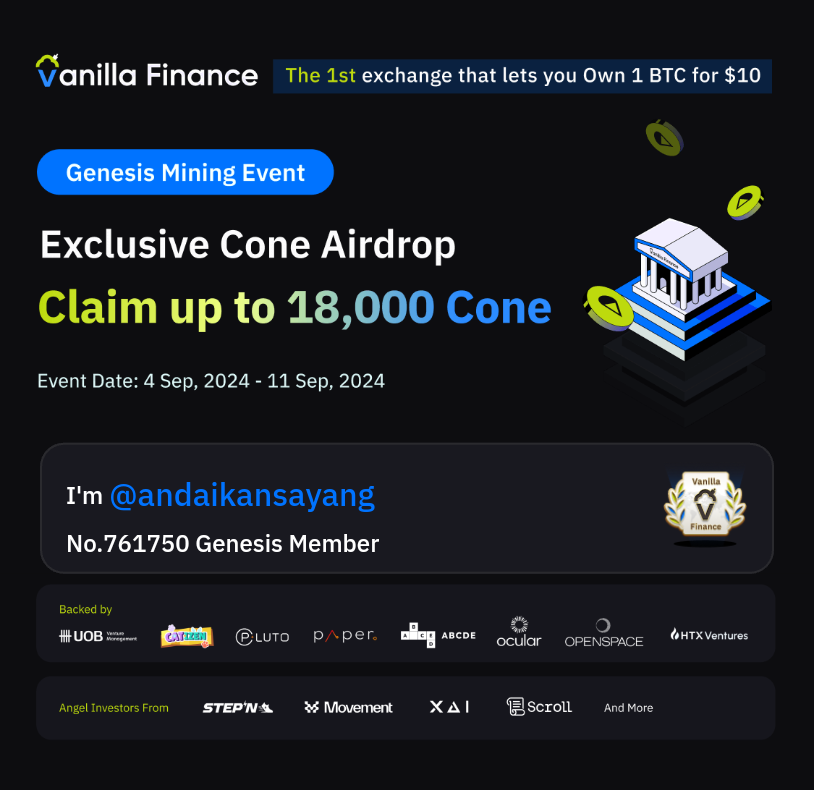 gorilla_nnft's tweet photo. #VanillaFinance is the 1st exchange that lets you own 1 Bitcoin for $10. Genesis mining is live now. Claim up to 18,000 Cone! #Airdrop #Miniapp.@VanillaFinance https://t.co/umAvjV4jn9