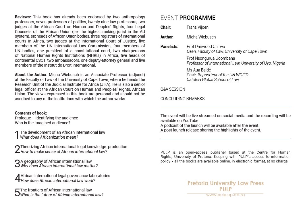 TONIGHT!

Join us for a virtual book launch and panel discussion on <a href="/UctLaw/">UCT Law School</a> associate professor Dr Micha Wiebusch’s new book: 

‘A theory on Africanizing International Law’

⏰ Time: 16h00 SAST
📆 Date: 
💻 Register here: zoom.us/webinar/regist…