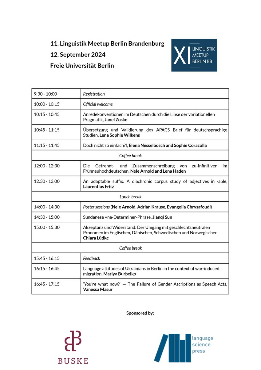 TeapotLinguist's tweet photo. Diesen Donnerstag, am 12. September, findet an der FU Berlin das 11. Linguistik Meetup Berlin-Brandenburg statt. Ein voller Tag mit 9 Vorträgen und 3 Poster-Präsentationen 🤩

Alle Infos: https://t.co/jdvuxoUEse

#LinguisticMeetup #LMBB https://t.co/6esoj54izR