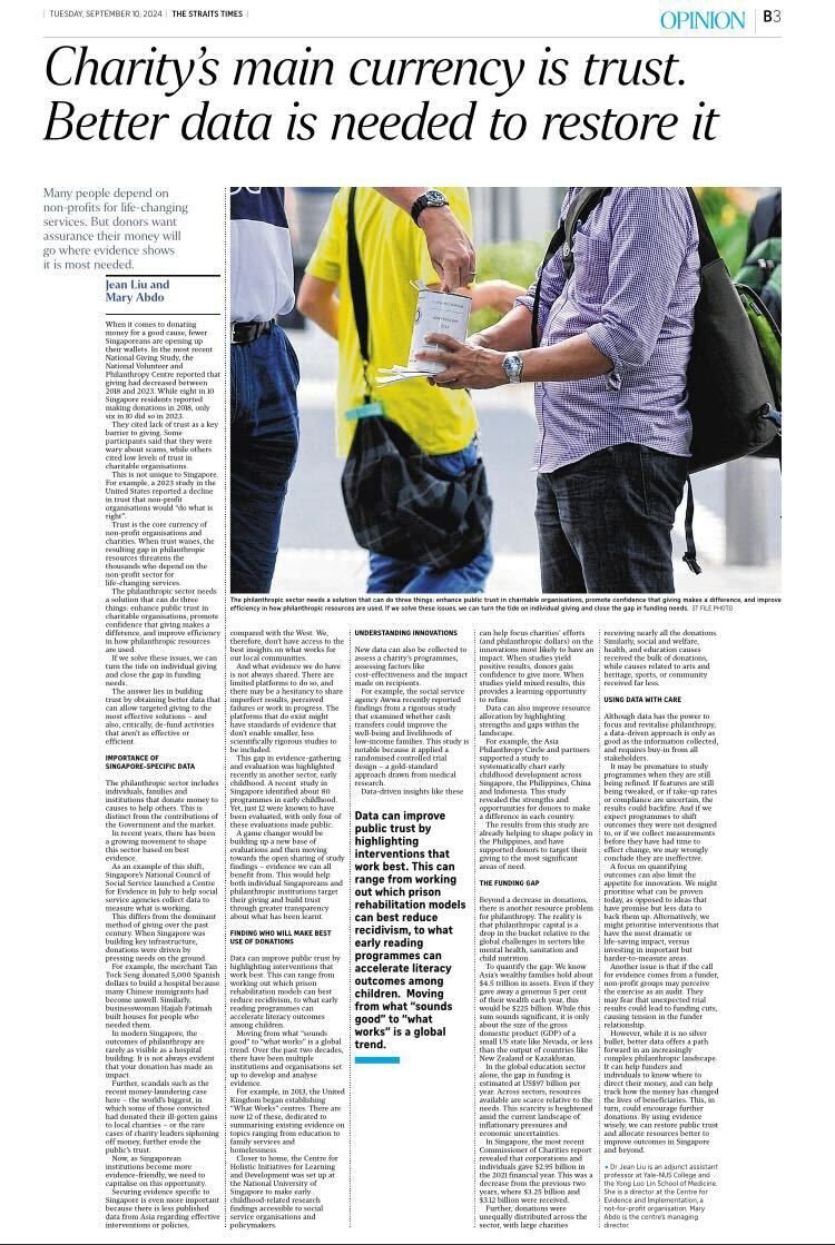 .<a href="/MaryAbdo/">Maryanna Abdo (she/her)</a> of <a href="/CEI_org/">Centre for Evidence and Implementation</a>  in today's <a href="/straits_times/">The Straits Times</a>.  

TDLR — despite all the billionaires, philanthropic investment is simply too small to solve the world's biggest problems. So it had better pick its battles — partly using data better — so its good at what it actually does.