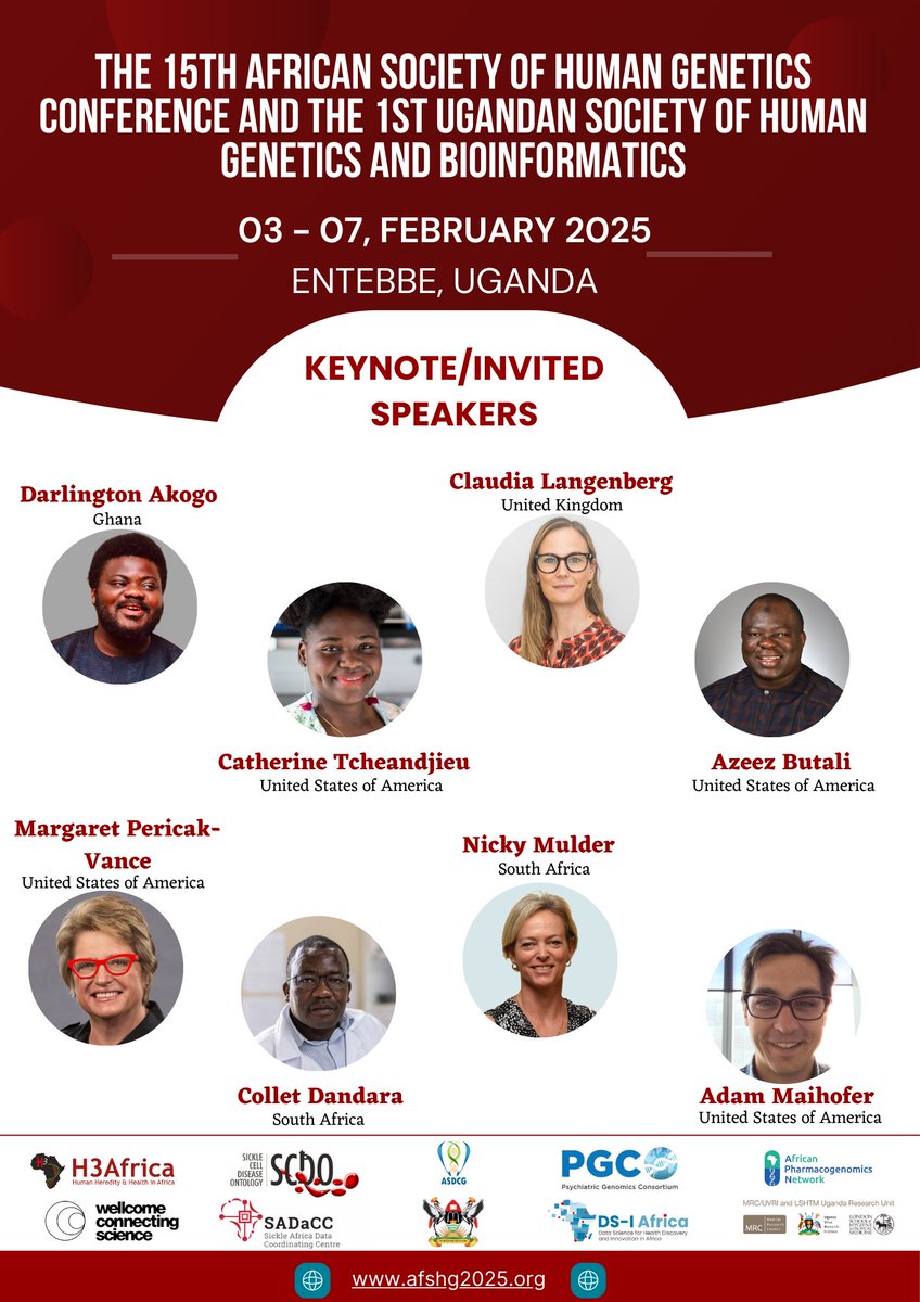 Abstract Submission is Open!!!!!! 

The 15th African Society of Human Genetics Conference and the 1st Ugandan Society of Human Genetics and Bioinformatics. 

Theme: Harnessing Data Science and Artificial Intelligence for African Genomics

Website: afshg2025.org