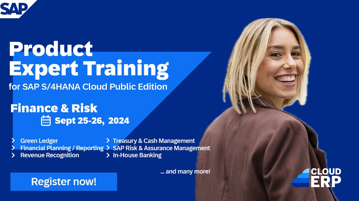 📢 Attention #SAP Partners and Colleagues: Get ready for 2 days of diving headfirst into the world of #finance &amp; #risk at the #SAP #S4HANA #Cloud Product Expert Training 2024! 💸

➡️ Register now!

#SAPCloudERP

imsap.co/6016WgfMs