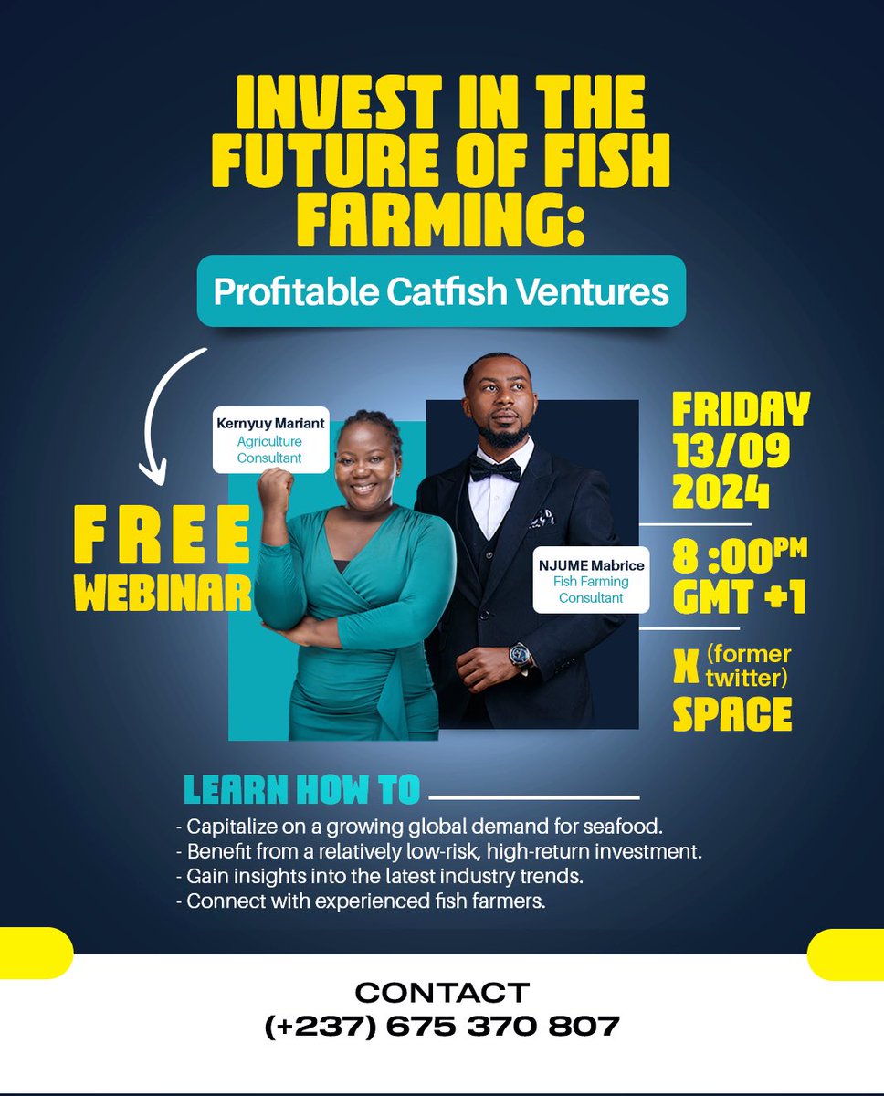 ManTiger_cmr's tweet photo. Join us on Friday 13 September at 8:00 PM as we talk about the Fish Farming Industry in Cameroon &amp; how you can take advantage of it.

Join @K_Mariant &amp; myself @king_njume as we talk fish farming.

Space link ⤵️
https://t.co/iCfd9yGzvd

RT massively.
#fishfarm #business https://t.co/OU7EHIIy7n