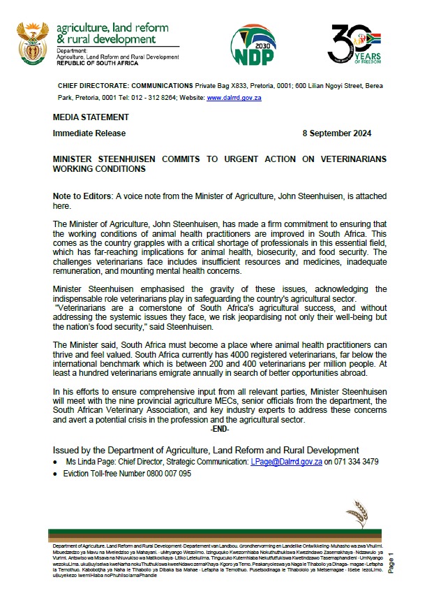 DOAgov_ZA's tweet image. [MediaStatement] Minister John Steenhuisen commits to urgent action on veterinarians' working conditions.

Read more, here: dalrrd.gov.za/images/Newsroo…

#agriculture #workingconditions @VukuzenzeleNews @GCISMedia @GovernmentZA #veterinarians