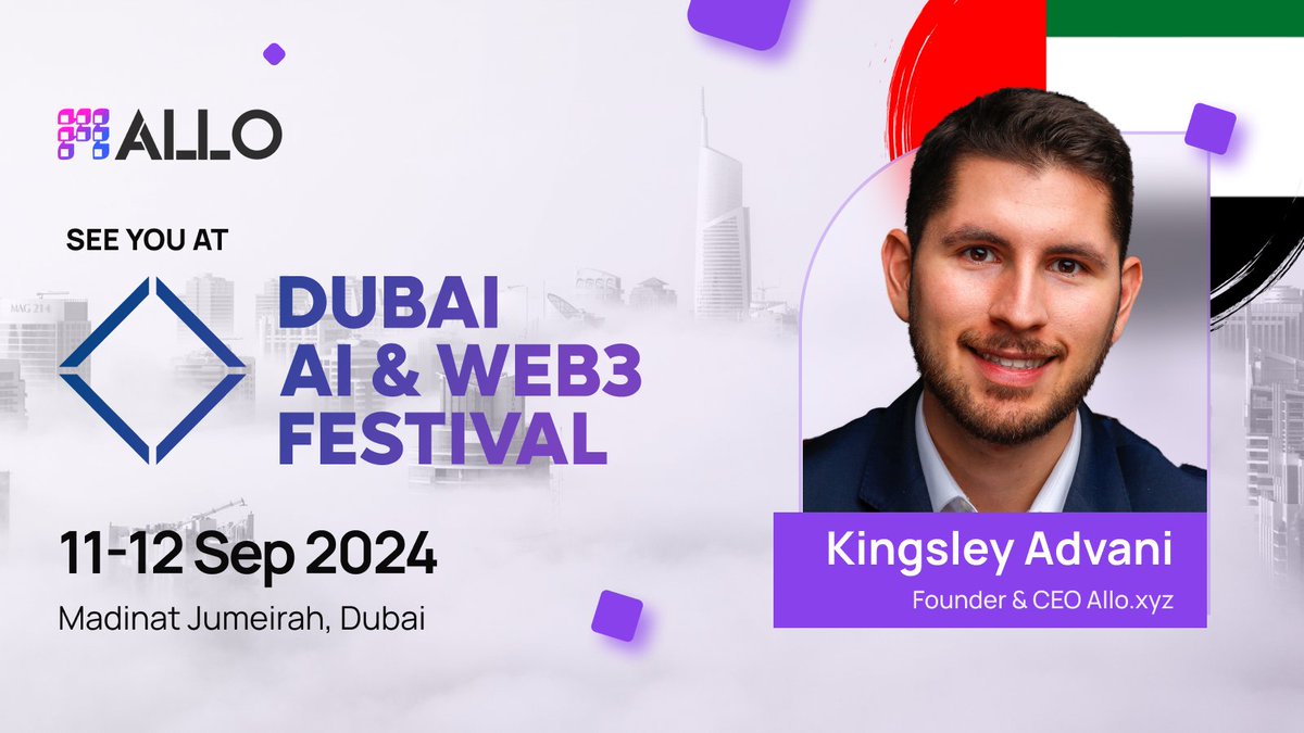 allo_xyz's tweet photo. Kingsley Advani, CEO &amp; Founder, Allo will be attending the Dubai AI &amp; Web3 Festival this week.  

Connect with the Allo team at the Dubai AI &amp; Web3 Festival on 11-12th Sept in Dubai. See you there. 🚀

🇦🇪 #DubaiAIWeb3 @DubaiAIWeb3Fest https://t.co/xfVwCilMkC