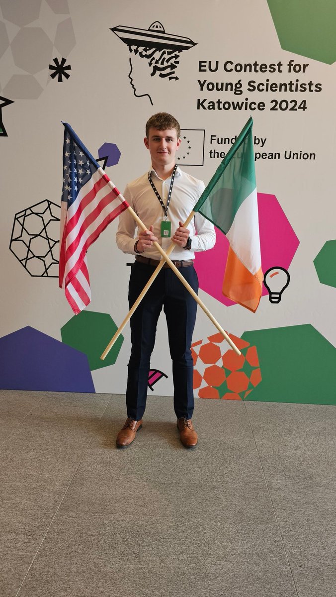 SciFest4STEM's tweet photo. Jack Shannon representing Ireland and the USA at the EU  Contest for Young Scientists #EUCYS2024. @IrishSciTeach @OideTechinEd @clongowes @Regeneron @Society4Science https://t.co/SP6WfUlYGH