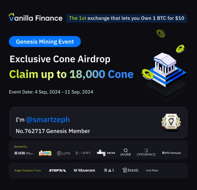 zephsmart27's tweet photo. #VanillaFinance is the 1st exchange that lets you own 1 Bitcoin for $10. Genesis mining is live now. Claim up to 18,000 Cone! #Airdrop #Miniapp.@VanillaFinance https://t.co/HjCkxnjBFL