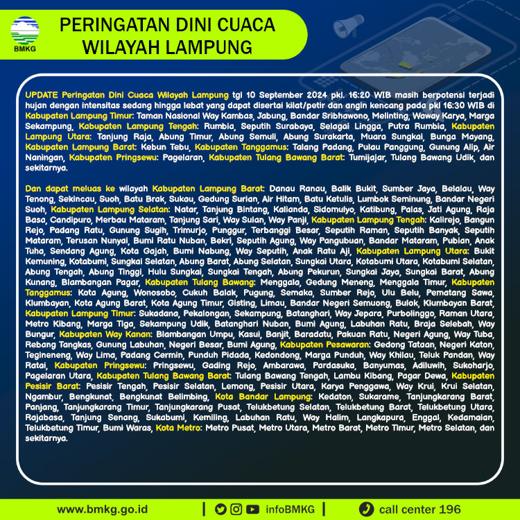 Update Peringatan Dini Cuaca Wilayah - Lampung Tgl. 10 September 2024 pkl. 16:30 WIB
Prakirawan - BMKG - Lampung
nowcasting.bmkg.go.id/nowcast?kodwil…