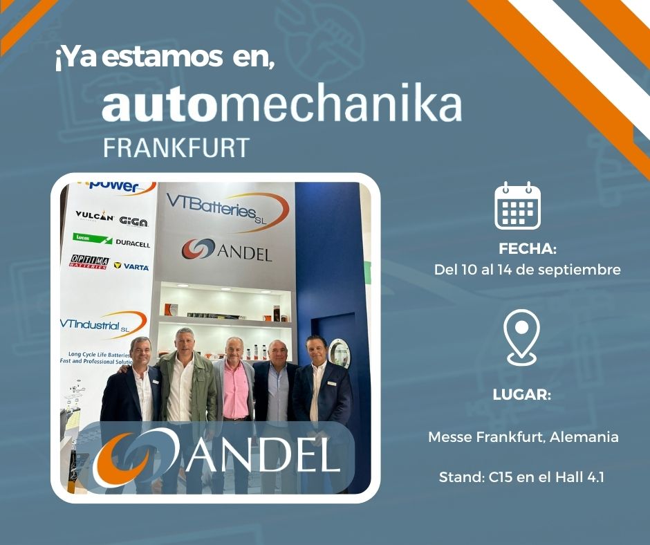 🚗✨ ¡Ya estamos en Automechanika Frankfurt 2024 junto a VT Batteries. ¡Ven a visitarnos! 🚀

📅 Fechas: Del 10 al 14 de septiembre de 2024
📍 Lugar: Frankfurt, Alemania
🏢 Stand: C15 en el Hall 4.1

#Andel #VTBatteries #Automechanika2024 #Automoción #Innovación