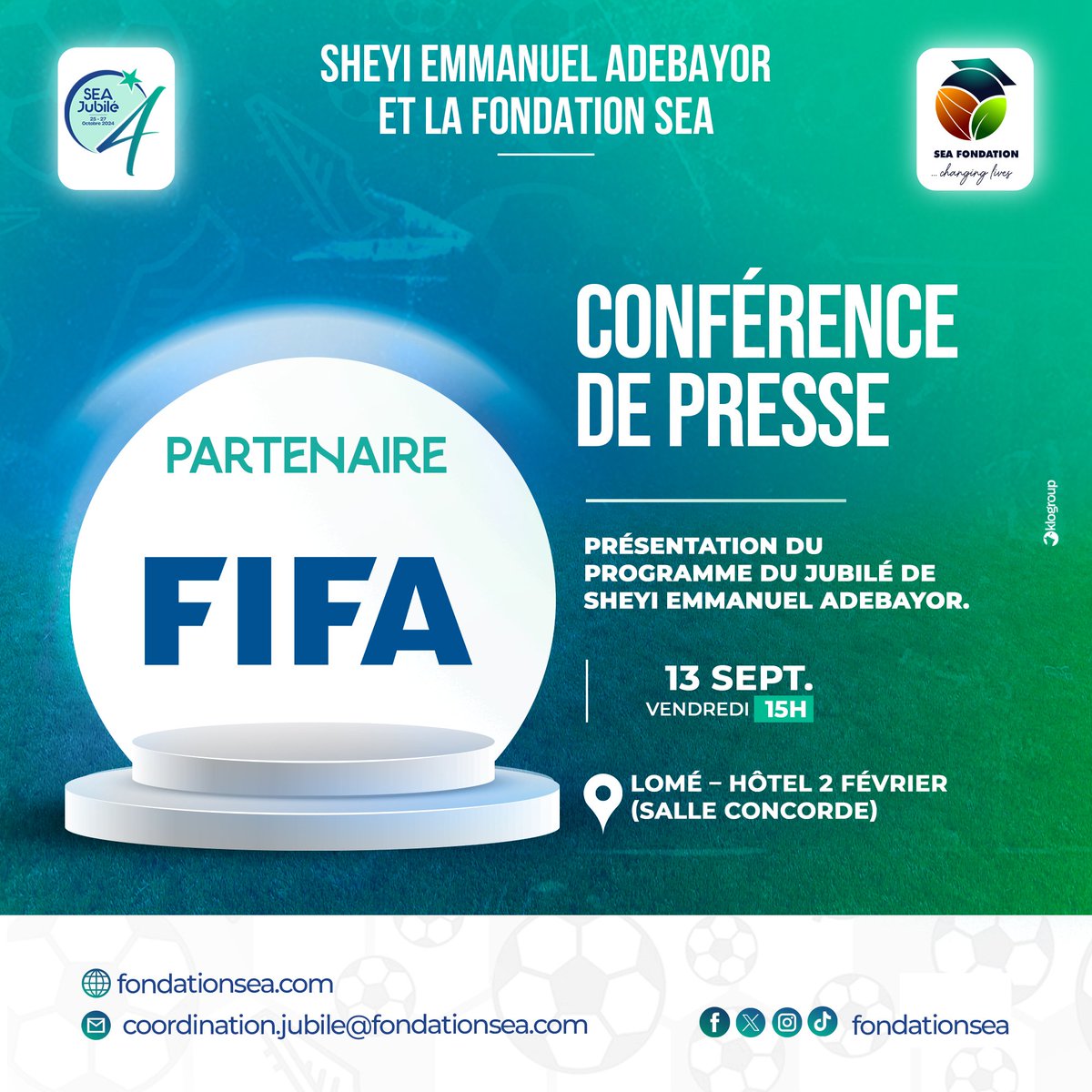 Fondation_SEA's tweet photo. La @FIFAcom, l'instance dirigeante du football mondial, s'associe au Jubilé SEA.
Du 25 au 27 octobre 2024 à Lomé, rejoignez-nous pour célébrer Sheyi Emmanuel Adebayor, l'ex-capitaine des Éperviers.

 #JubiléSEA #SheyiEmmanuelAdebayor #FIFA #Football #Togo https://t.co/HeqNSZa4BW