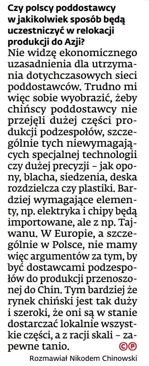 J_Jakobowski's tweet photo. Jakub Faryś, prezes Polskiego Związku Przemysłu Motoryzacyjnego, dla DGP, bez owijania w bawełnę:

Przenoszenie produkcji samochodów do 🇨🇳 oznacza wycięcie polskich poddostawcow z łańcucha dostaw. https://t.co/TjWGHum7BP
