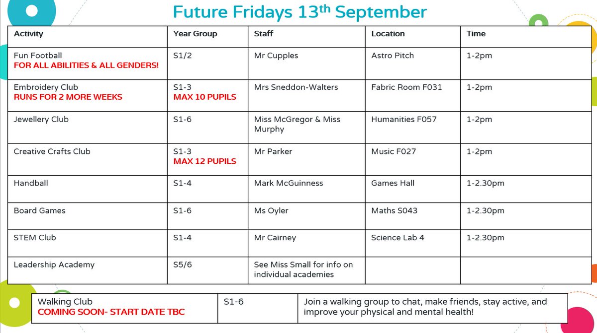 ⭐️FUTURE FRIDAYS 13TH SEPT⭐️
<a href="/CumbernauldAcad/">Cumbernauld Academy</a> <a href="/CumberAcadPE/">Cumbernauld Acad. PE 🏳️‍🌈</a>

⚽️S1/2 Fun Football
🤾‍♀️S1-4 Handball 
🪡S1-3 Embroidery
💎S1-6 Jewellery 
🖌️S1-3 Crafts
🎲S1-6 Board Games 
👨‍🔬S1-4 STEM
S5/6 Leadership Academy

🚶‍♀️Walking Club coming soon!