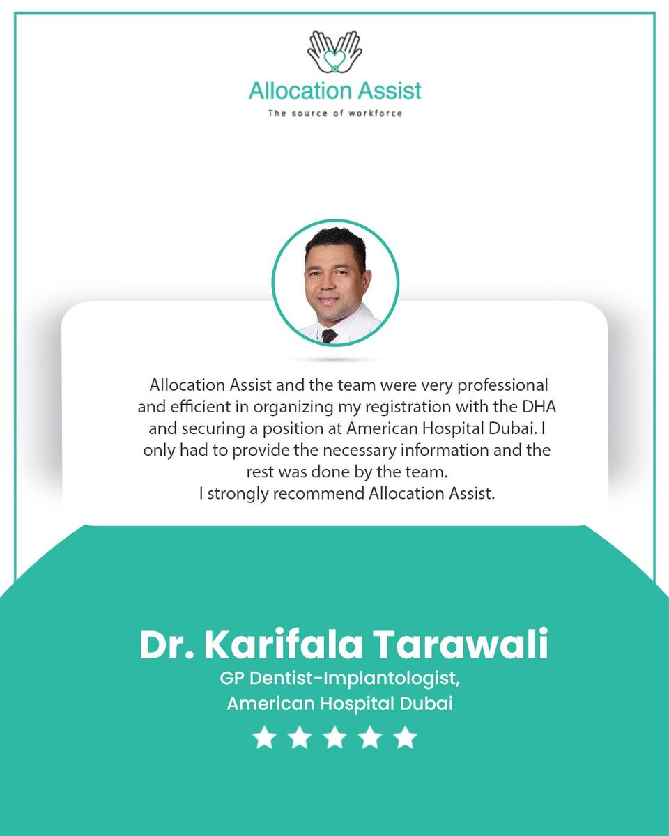 Dr. Karifala Tarawali, GP Dentist-Implantologist at American Hospital Dubai, recommends @ allocationassist.com/for seamless healthcare career placement in the UAE. 🏥✨

#AllocationAssist #Testimonial #HealthcareJobs #Dubai #MedicalCareers