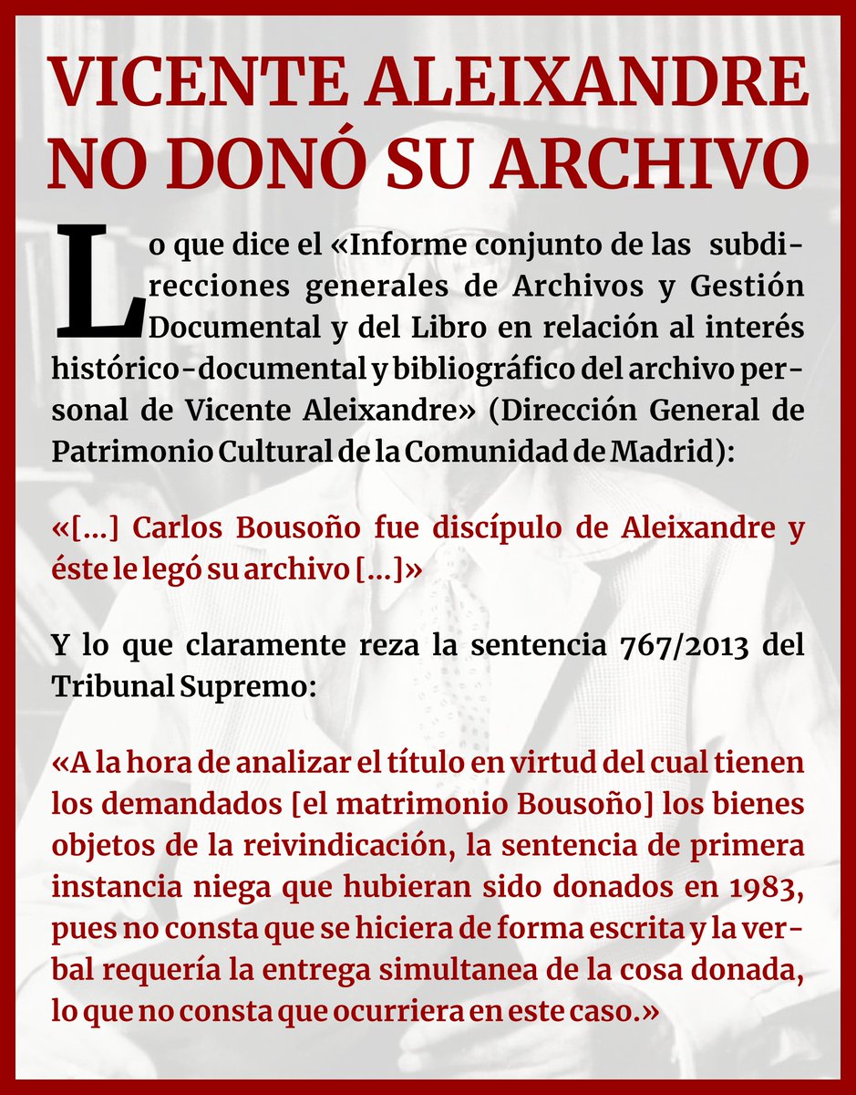 AleixandreMerlo's tweet photo. EL ARCHIVO SECUESTRADO Y NO DONADO DE VICENTE ALEIXANDRE

A pesar de haber sido declarado BIC el archivo de nuestro poeta, no existe a día de hoy un inventario detallado y preciso de su contenido (posiblemente mermado) y ningún investigador puede libremente consultar sus fondos. https://t.co/0oRKeNBaZs