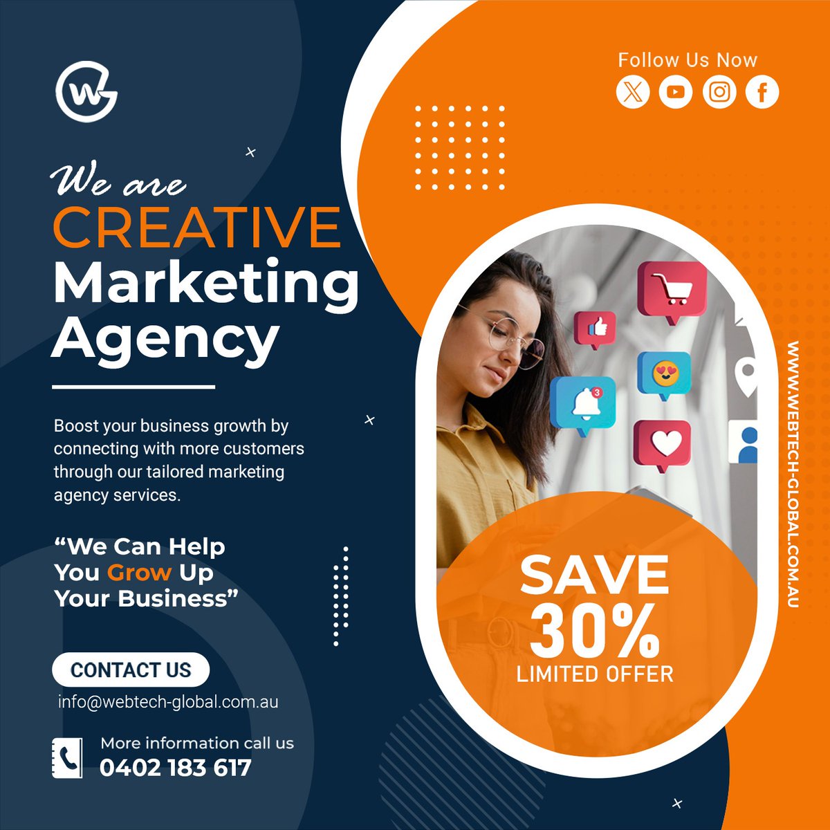 WebTech-Global Australia (@global_webtech) on Twitter photo We're offering an exclusive 30% OFF on all our services, including Website Design, Digital Marketing, and E-commerce Solutions! 💻📈
info@webtech-global.com.au | 0449 617 384
#wtg #wtgau #webtechglobalaustralia #WebDesign #Australia #MelbourneBusinesses #VictoriaBusiness We're offering an exclusive 30% OFF on all our services, including Website Design, Digital Marketing, and E-commerce Solutions! 💻📈
info@webtech-global.com.au | 0449 617 384
#wtg #wtgau #webtechglobalaustralia #WebDesign #Australia #MelbourneBusinesses #VictoriaBusiness