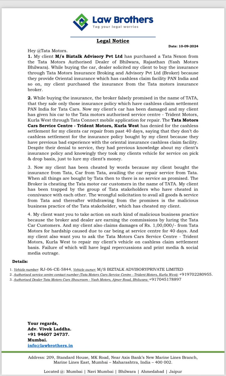LaddhaVivek's tweet photo. Legal Notice to you for malpractices and wrong solicitation for sheer business. People look at TaMo with respect but very poor services at ground level. @TataMotors @TataCompanies @RNTata2000 @TataMotors_Cars https://t.co/m3upQ71aj8