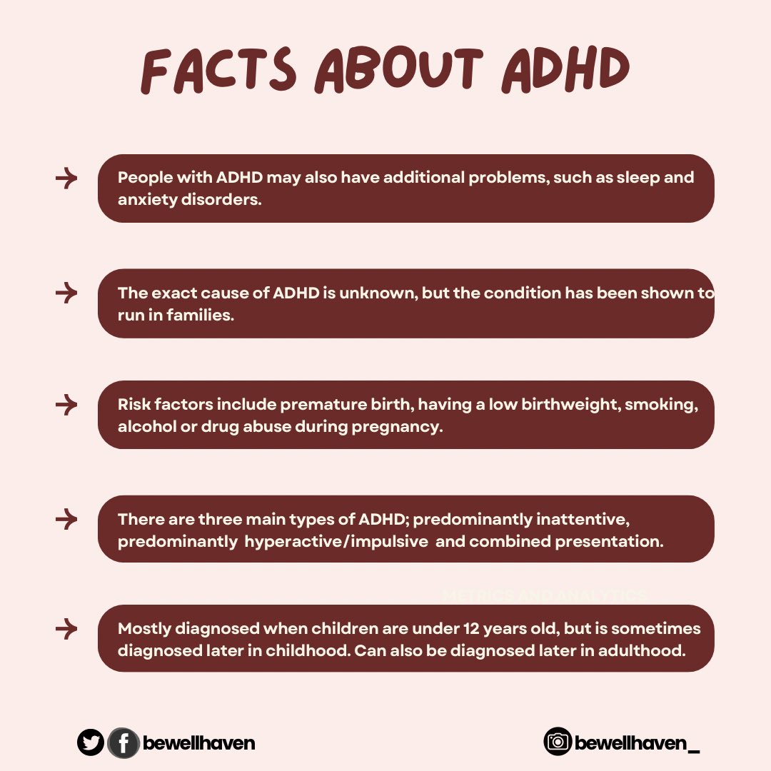 bewellhaven's tweet photo. ADHD affects both children and adults and goes beyond difficulty focusing. It can involve challenges like anxiety, and while the cause is unknown, genetics play a role. Early diagnosis and proper management are key. Let’s continue to raise awareness and dispel the myths.
#ADHD https://t.co/voldE8Jh8r