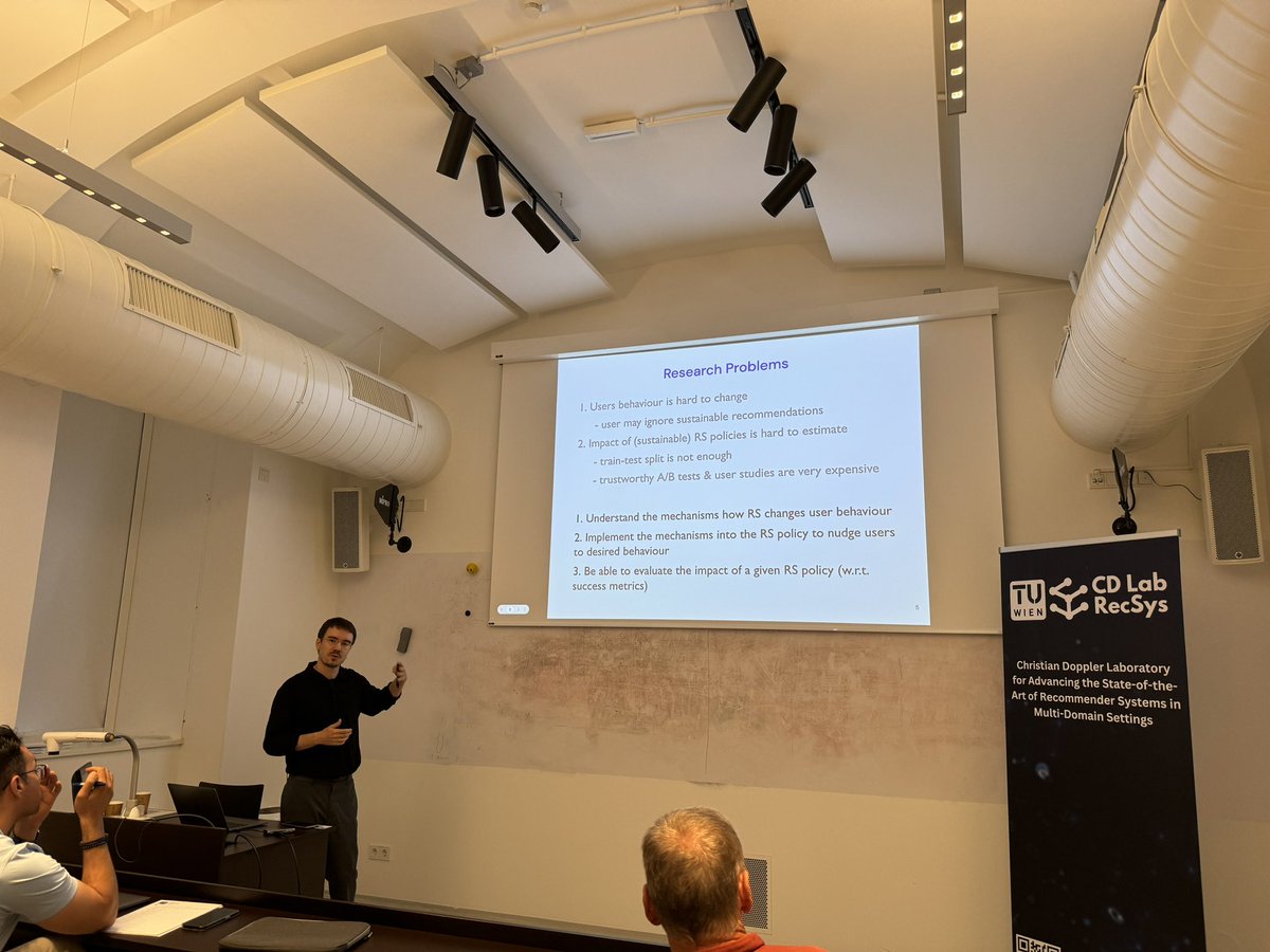 Closing the morning session with Pavel Merinov presenting his and Francesco Ricci’s work on “AI for Sustainable Recommender Systems.” Looking forward to insights into the challenges of creating more sustainable recommender technologies. #CollaboratingWithAI #CDLRecSys <a href="/tu_wien/">TU Wien</a>