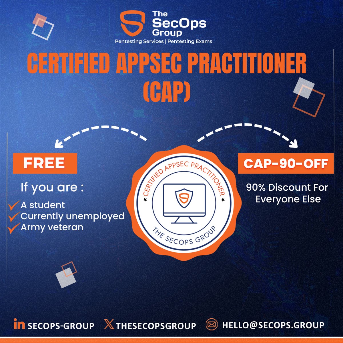 🎉𝗙𝗿𝗲𝗲 𝗖𝗔𝗣 𝗘𝘅𝗮𝗺 - 𝗢𝘂𝗿 𝗕𝗶𝗴𝗴𝗲𝘀𝘁 𝗚𝗶𝘃𝗲𝗮𝘄𝗮𝘆 𝗬𝗲𝘁!🎉
Community empowerment is at the core of everything we do.🤝

For a limited time, we are offering 𝗙𝗥𝗘𝗘 access to our most popular entry-level pentesting exam 𝗖𝗲𝗿𝘁𝗶𝗳𝗶𝗲𝗱 𝗔𝗽𝗽𝗦𝗲𝗰