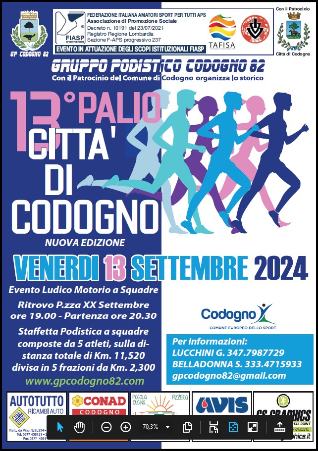 13° Palio Città di Codogno - Nuova Edizione
#codogno #palio #paliocittadicodogno #gpcodogno82

Venerdì 13 settembre 2024 Evento Ludico Motorio a Squadre

Info: comune.codogno.lo.it/vivere-il-comu…