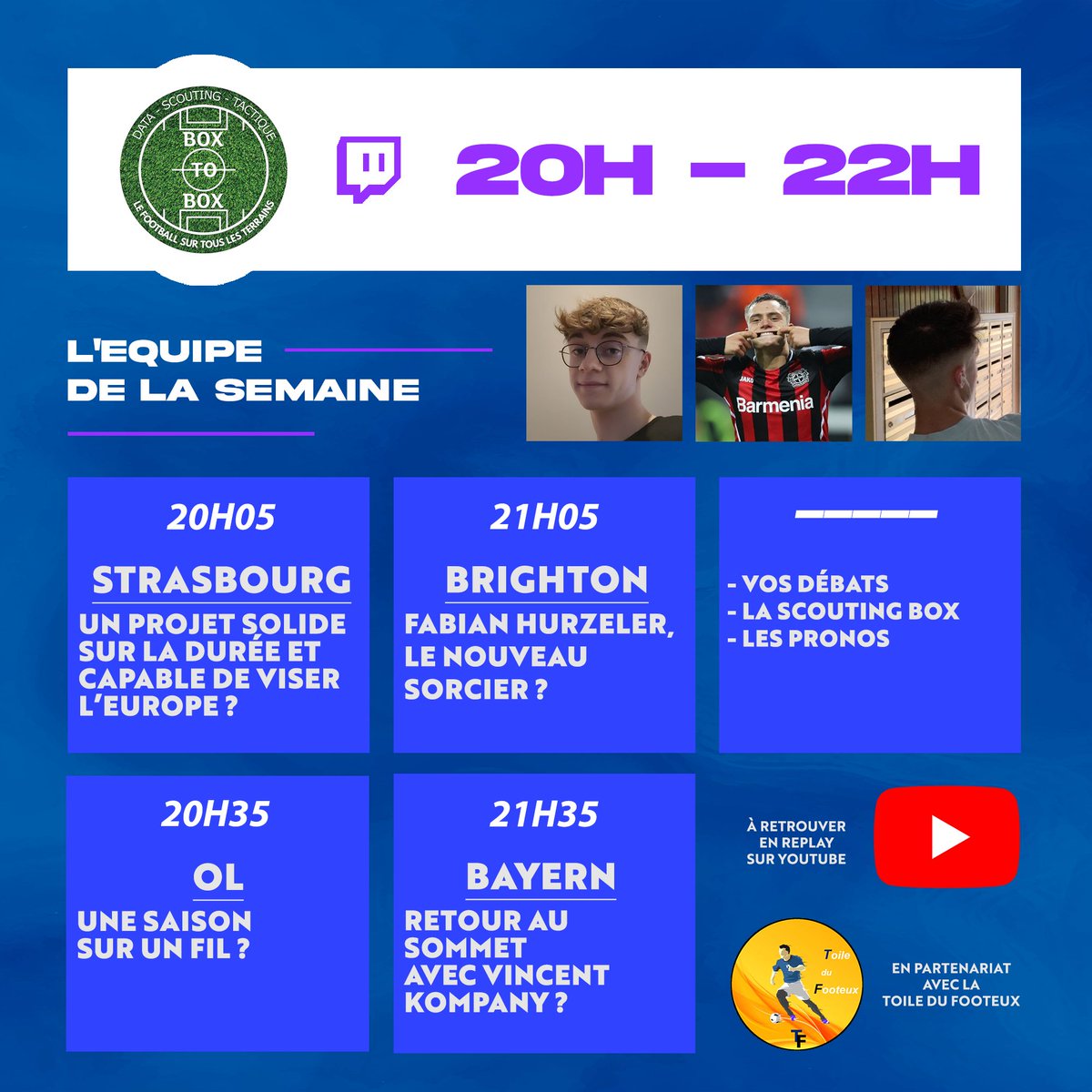 🚨 LE PROGRAMME DU SOIR ! 🚨

C'est la trêve mais on n'arrête pas ! RDV à 20h avec <a href="/enzopailot/">Enzo Pailot</a>, <a href="/AZGARDfootball/">Ugo</a> et <a href="/kolr_09/">Kno</a> pour un programme à l'accent bien allemand qui sent bon le beau football ! 🇩🇪

À ce soir l'équipe ! 🫡

➡️twitch.tv/boxtobox7
