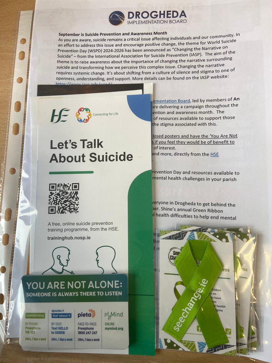 DroghedaB's tweet image. Today is World Suicide Prevention and Awareness Day. The theme is &apos;Changing the Narrative on Suicide&apos;. We have been sharing information and resources in Drogheda to get people talking about suicide and #EndTheStigma. @GardaTraffic @HSELive (1/3)