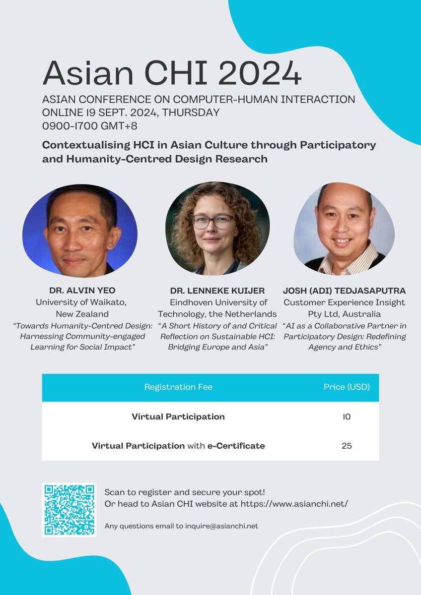 Asian CHI is happening soon!   

To cater to a wider Asia audience, Asian CHI 2024 will be held fully online on the 19th of September 2024.     

Meet our keynote speakers:

<a href="/alvinyeo/">Alvin Yeo</a>, Lenneke Kuijer and and Josh (Adi) Tedjasaputra    

Register now and secure your spot!