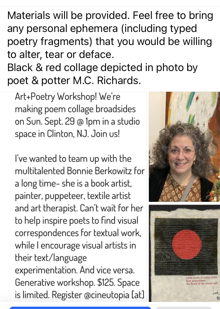 Join poet Vasiliki Katsarou &amp; artist Bonnie Berkowitz this Sept 29 at 1pm in #ClintonNJ for this hands-on generative #poetry and #collage workshop. Link in bio to register. <a href="/HunterdonHapp/">HunterdonHappening</a> <a href="/hunterdontalk/">Hunterdon Talk</a> <a href="/PlanetPrinceton/">Planet Princeton planetprinceton.bsky.social</a> #poetryandart