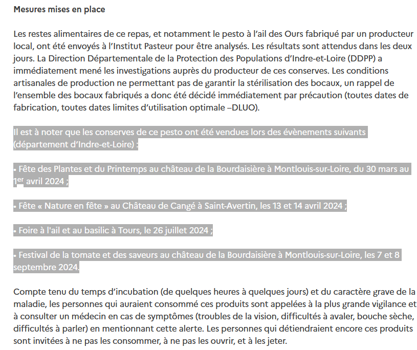 Les 5 personnes (probablement) atteintes de #botulisme après avoir mangé un bocal de pesto artisanal sont toutes en réanimation.

Au total, 600 bocaux sont potentiellement concernés. Il s'agit du pesto à l’ail des Ours de la marque "O Ptits Oignons", vendu à plusieurs événements.