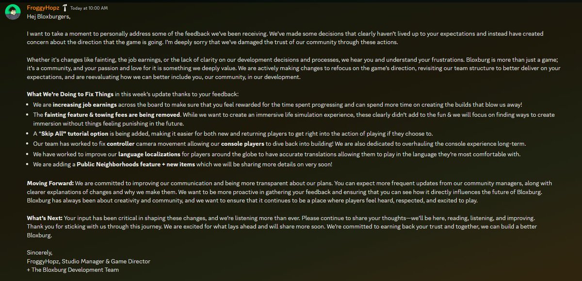 I’m very happy to hear bloxburg noticed players still haven’t been happy and making a change. To those who stood their ground thank you! Bloxburg’s following the right path