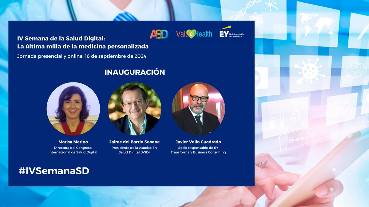 Asoc. Salud Digital (@asaluddigital) on Twitter photo #IVSemanaSD | La inauguración de la 'IV Semana de la Salud Digital: La última milla de la medicina personalizada' correrá a cargo de:
🗣️<a href="/MarisaMerinoH/">Marisa Merino</a>
🗣️<a href="/jaime_delbarrio/">Jaime del Barrio</a>
🗣️<a href="/javiervello/">Javier Vello Cuadrado</a>
🗓️16 de septiembre
Inscríbete:
salud-digital.es/portfolio/iv-s… #IVSemanaSD | La inauguración de la 'IV Semana de la Salud Digital: La última milla de la medicina personalizada' correrá a cargo de:
🗣️<a href="/MarisaMerinoH/">Marisa Merino</a>
🗣️<a href="/jaime_delbarrio/">Jaime del Barrio</a>
🗣️<a href="/javiervello/">Javier Vello Cuadrado</a>
🗓️16 de septiembre
Inscríbete:
salud-digital.es/portfolio/iv-s…