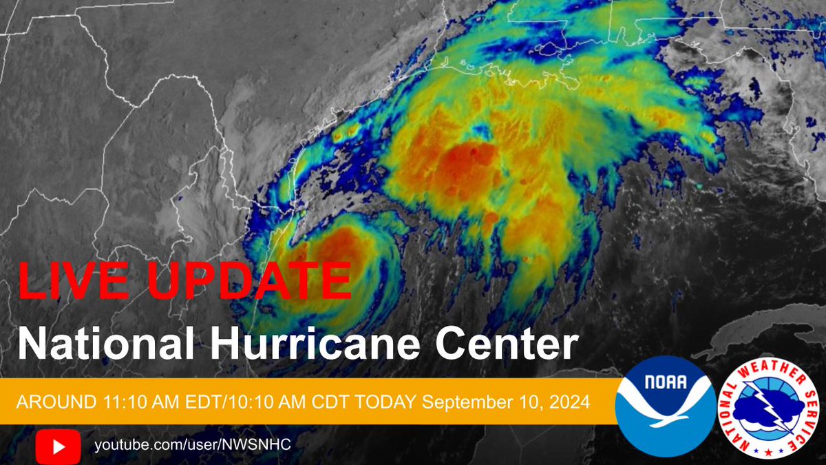NWSNHC's tweet photo. NHC Director Dr. Michael Brennan will provide a LIVE update on Tropical Storm #Francine around 11:10 AM EDT/10:10 AM CDT. Please join us on FB Live and the NHC YouTube Page at: https://t.co/rI6en9Zszv
Latest forecast at: https://t.co/QExILwu7sN
One stop: https://t.co/zJkIT9algW https://t.co/IJDXchLSMP