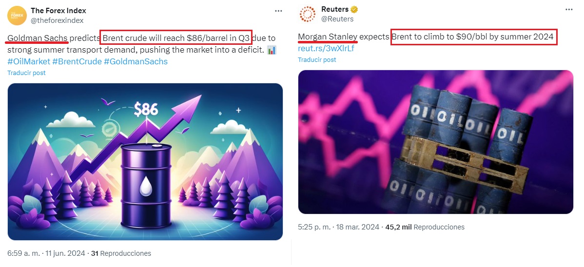 ElDelCupon's tweet image. Cuando la cotización del Brent cae al precio más bajo desde diciembre de 2021 conviene recordar las previsiones de los bancos de inversiones.

Goldman Sachs y Morgan Stanley anunciaron que en verano el 🛢️ oscilaría entre 86 y 90 $.

No tomes decisiones basándote en estas mafias.