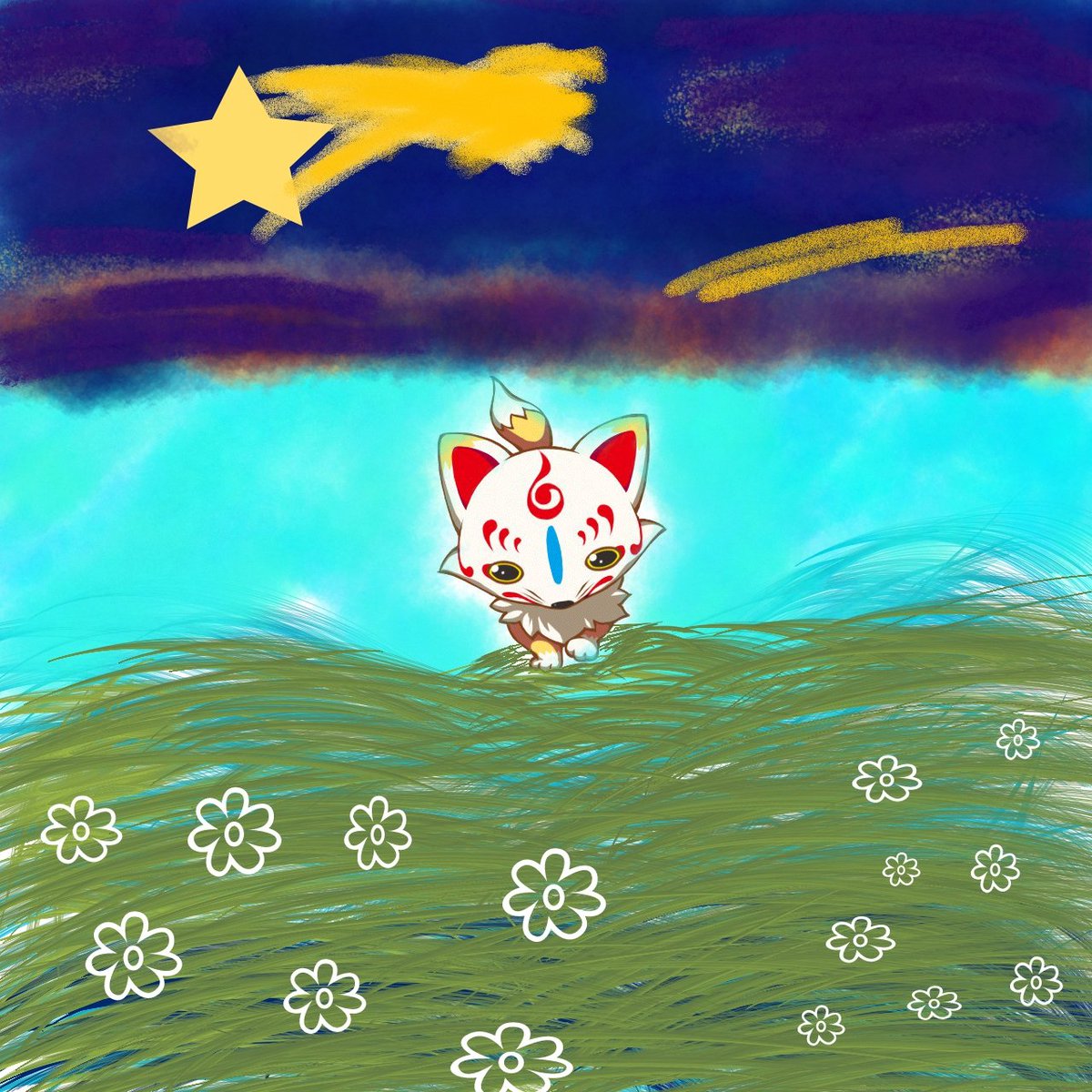 Azami mulai berpikir dan menuangkan idenya begitu saja.

“hm....... Konno berjalan di Malam yang sunyi nan indah?” gumamnya dan terkekeh pelan saat ia sudah menyelesaikannya.